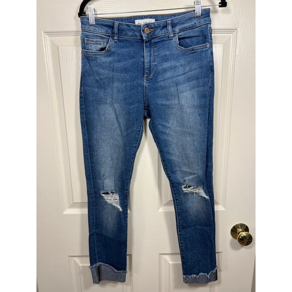 DL1961 Premium Denim Florence Instasculpt Cropped Busted Knee Harbor Wash 28 - Picture 1 of 7